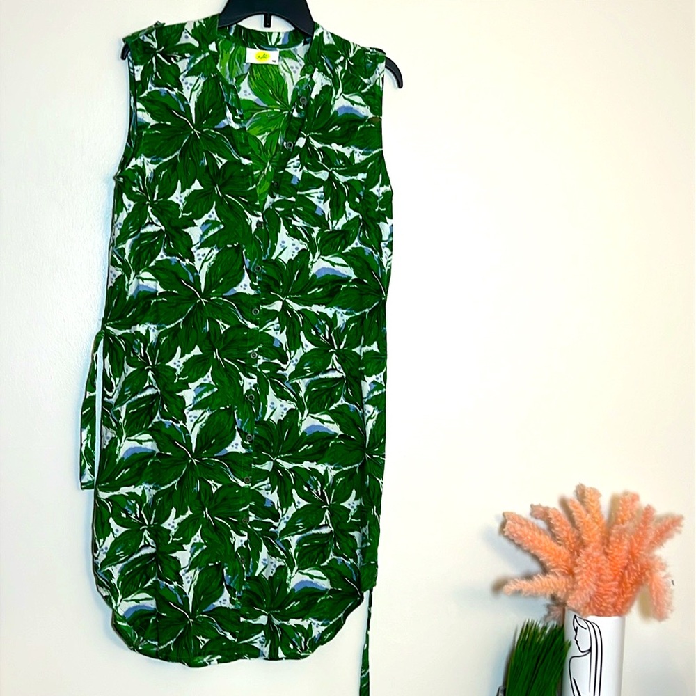Solito Tropical Floral Palm Sleeveless Button Down Knee Length Dress XS
